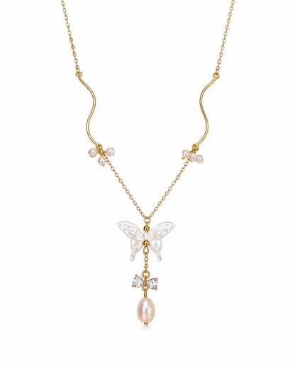 Women’s Butterfly Necklace with Natural Pearl and Mother-of-Pearl