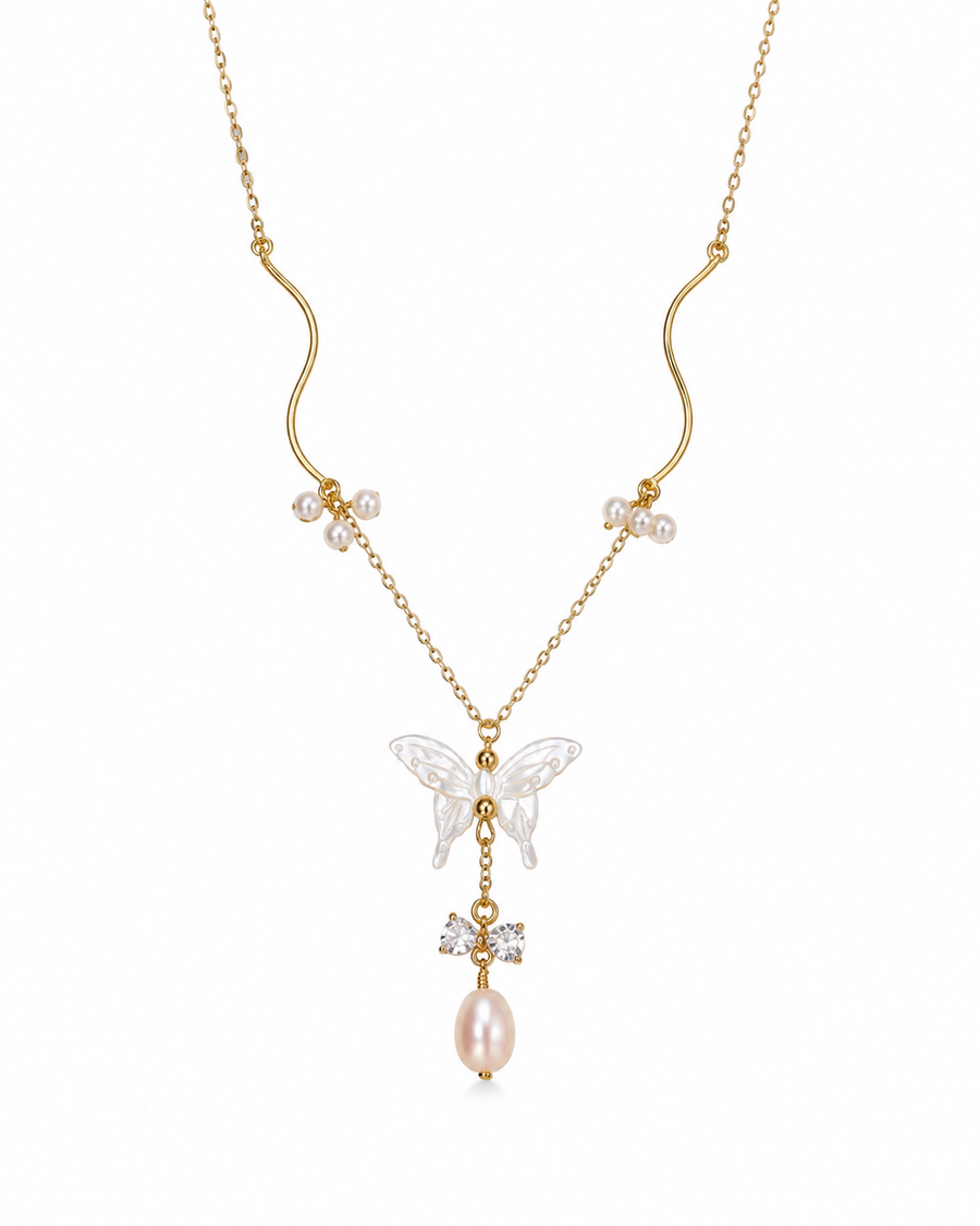Women’s Butterfly Necklace with Natural Pearl and Mother-of-Pearl