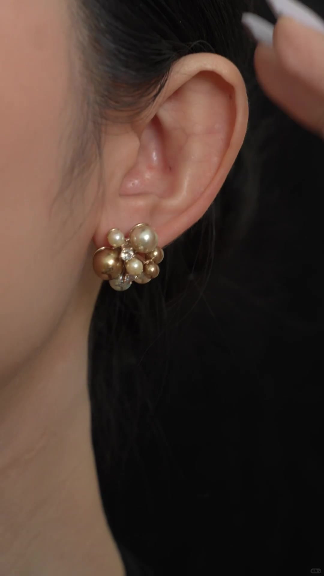 Front view of cluster stud high-lustre freshwater pearl earrings for wedding guest looks