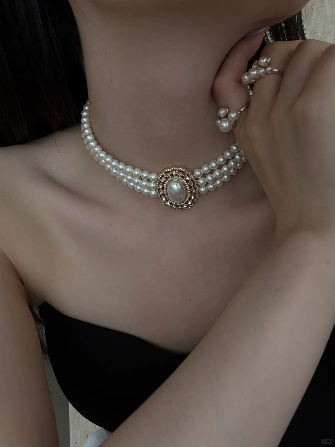 Front view of multi-strand choker high-lustre freshwater pearl necklace for weddings