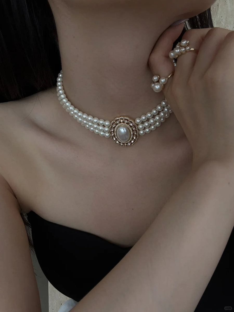 Front view of multi-strand choker high-lustre freshwater pearl necklace for weddings