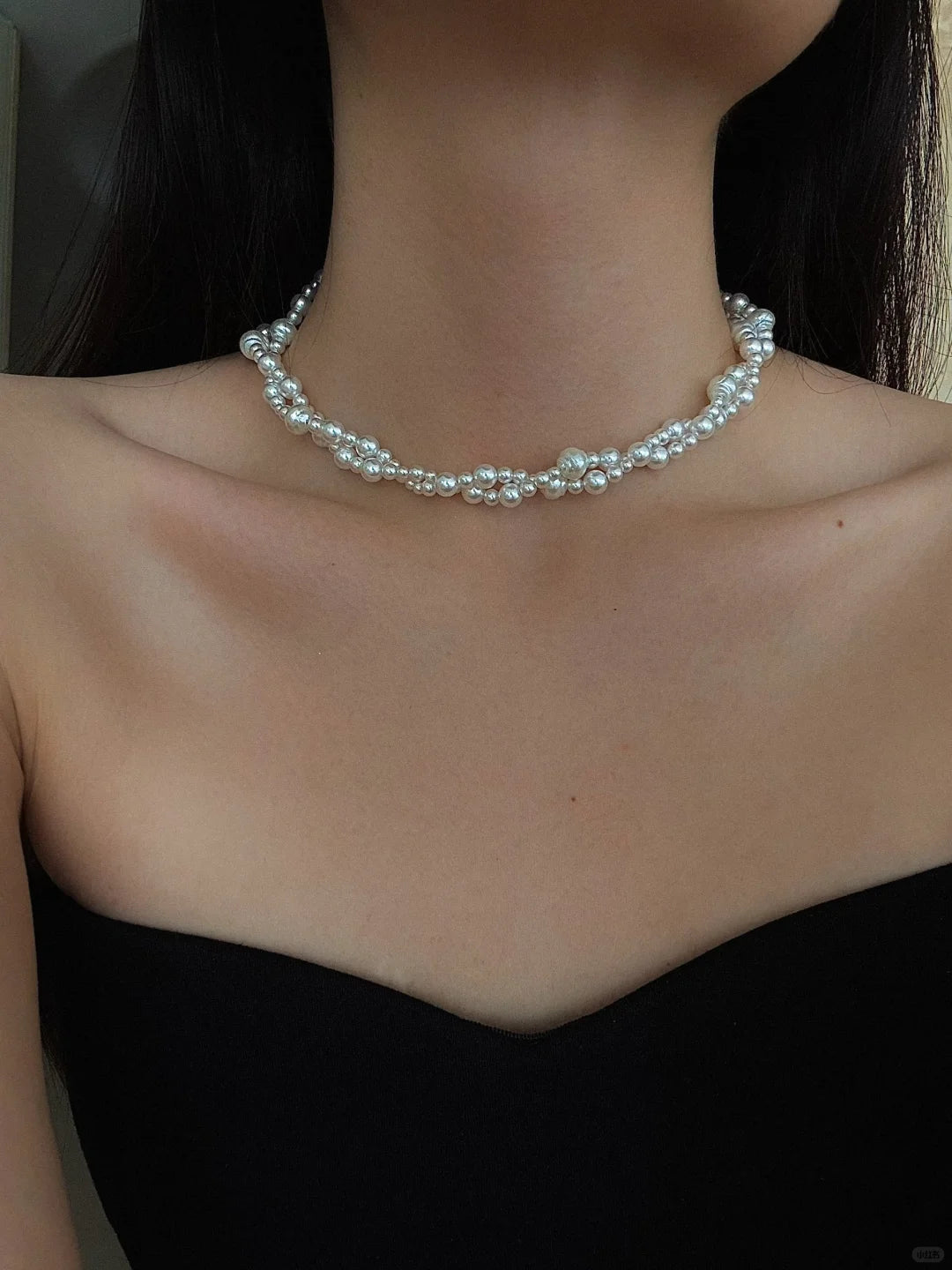 Side view of layered drop high-lustre freshwater pearl necklace for weddings