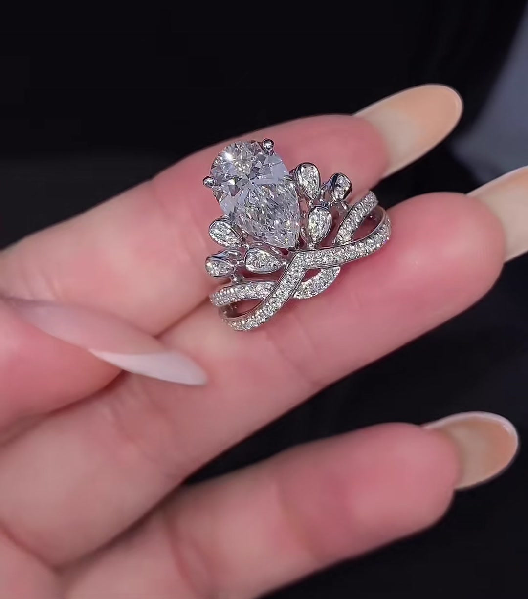 Front view of lab-grown diamond pear crown engagement ring for fairytale proposals