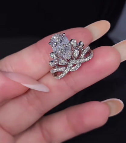 Front view of lab-grown diamond pear crown engagement ring for fairytale proposals