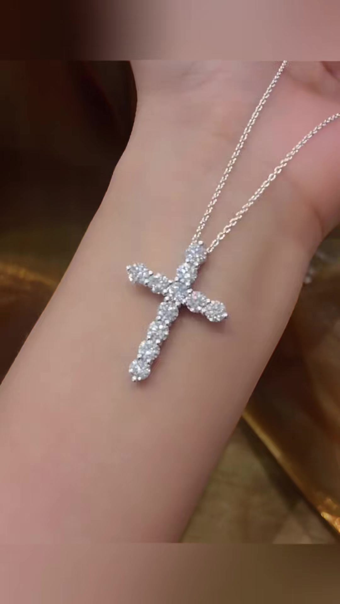 Close-up of lab-grown diamond cross pendant necklace for baptism gifts