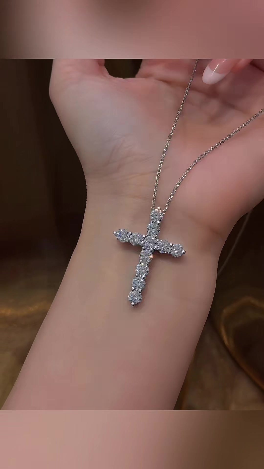 Front view of lab-grown diamond cross pendant necklace for baptism gifts