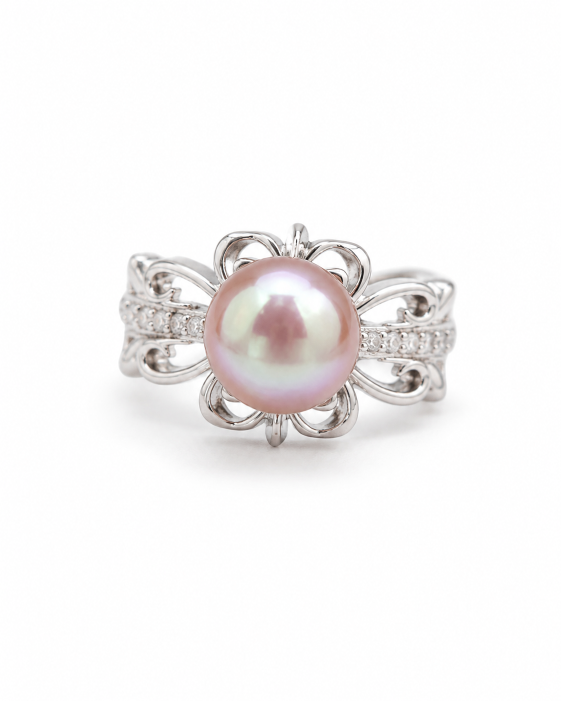 Doppelblumenring Damen mit rosa-lila Perlen – silberfarben