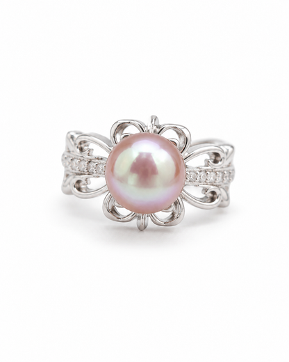 Doppelblumenring Damen mit rosa-lila Perlen – silberfarben
