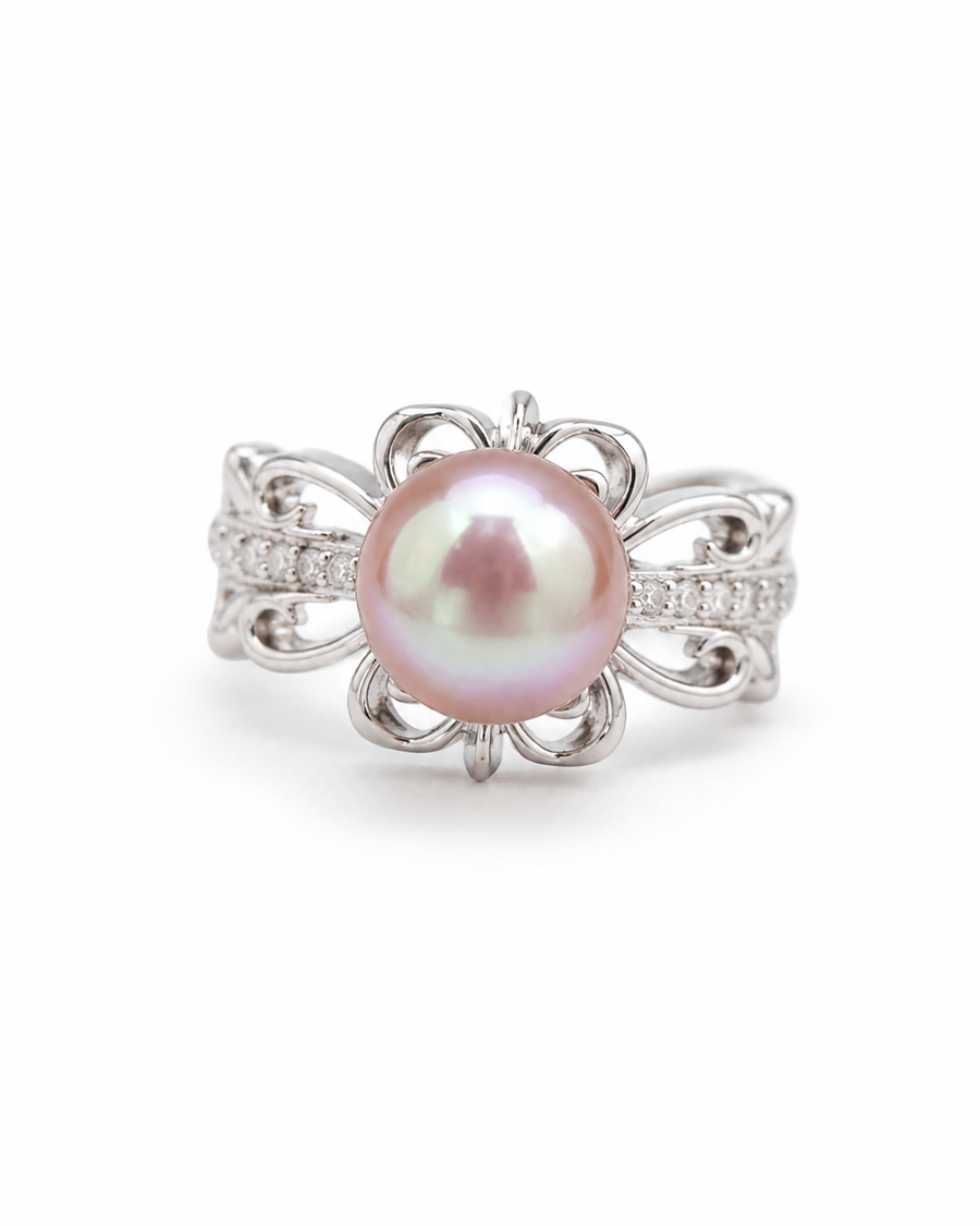 Women’s Pink-Purple Pearl Double Flower Ring — Silver Tone