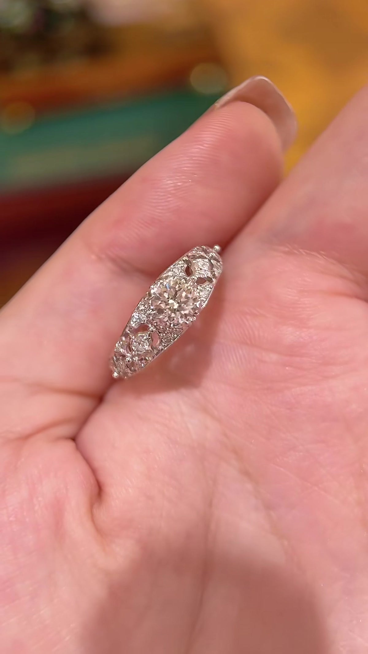 Front view of lab-grown diamond lace statement ring for bridal showers