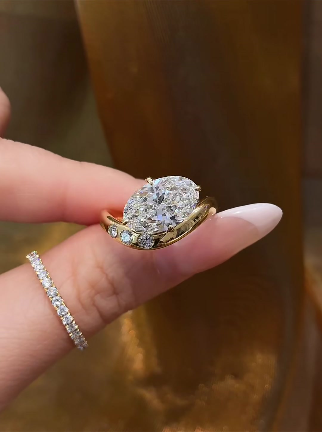 Front view of lab-grown diamond oval vintage engagement ring for old-money proposals