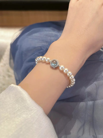 Front view of double-strand high-lustre freshwater pearl bracelet for bridal styling