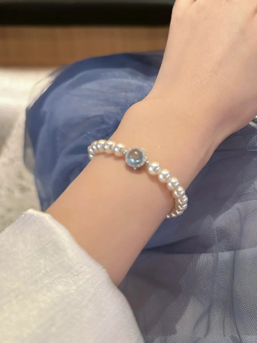 Front view of double-strand high-lustre freshwater pearl bracelet for bridal styling
