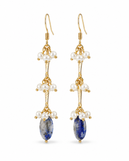 Lange Ohrringe Damen mit Lapislazuli & Süßwasserperlen – goldfarben