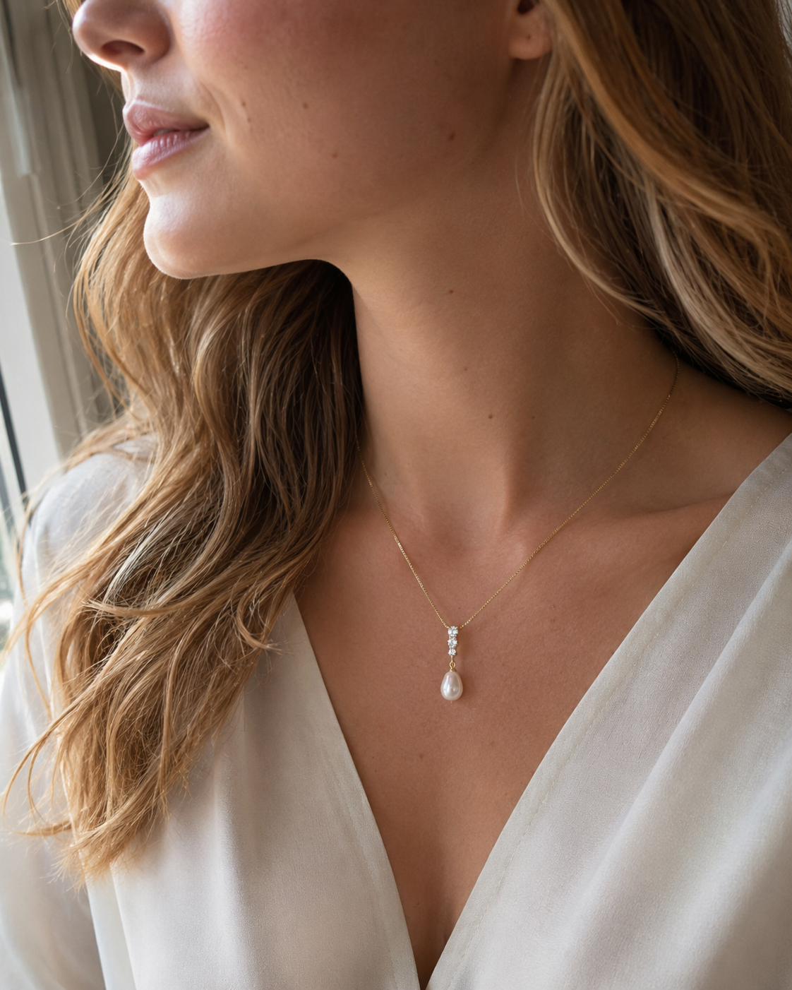 Perlenkette Damen mit Süßwasserperle & Zirkonia – goldfarben