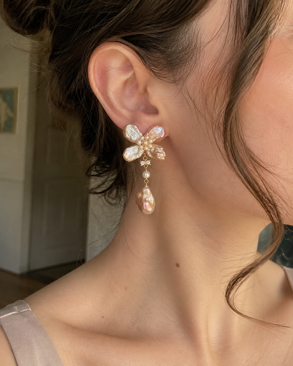 Women’s Baroque Pearl Flower Earrings with Drop Pearls