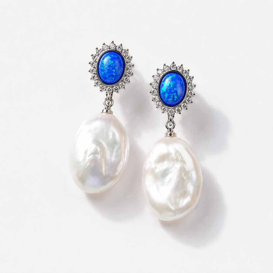 18K Gold Large Baroque Pearl Blue Halo Drop Earrings