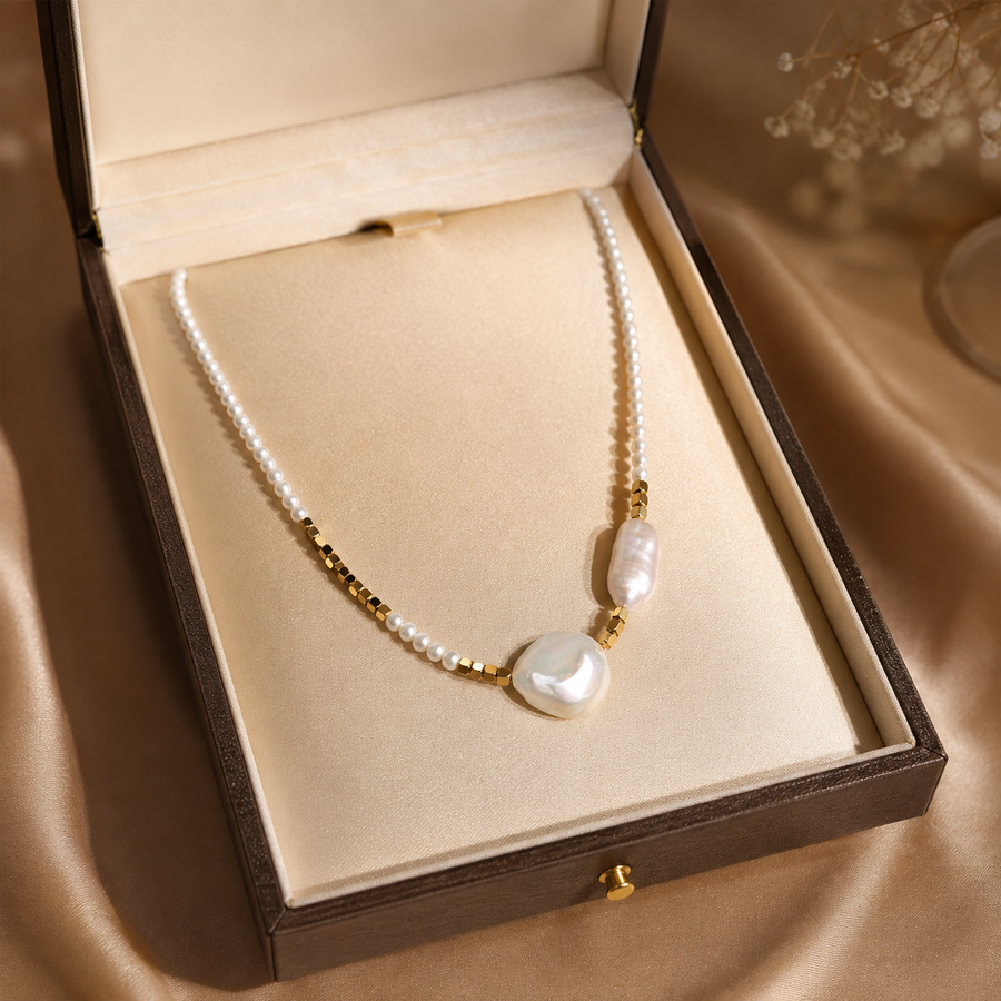 Baroque freshwater pearl necklace presented in a luxury jewellery box