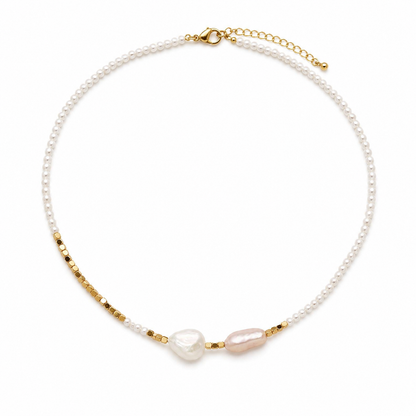 Elara baroque freshwater pearl necklace with 14K gold details on a white background