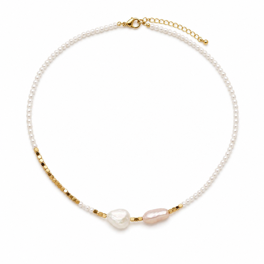 Elara baroque freshwater pearl necklace with 14K gold details on a white background