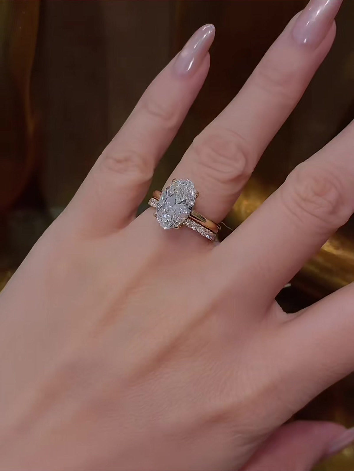 Front view of lab-grown diamond oval stacking engagement ring for engagement proposals