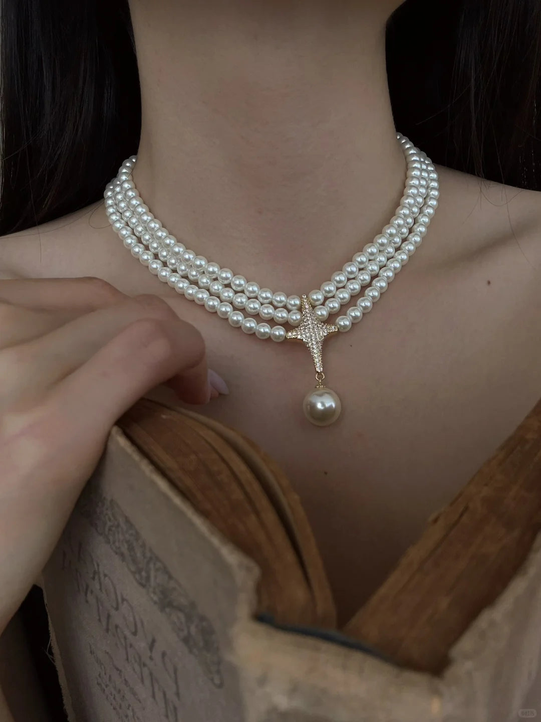 Front view of multi-strand choker high-lustre freshwater pearl necklace for weddings