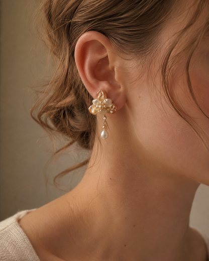 Women’s Baroque Pearl Earrings with Floral Design