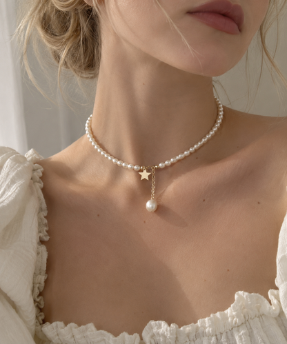 Étoile 4mm Freshwater Pearl Star Drop Necklace in 14K Gold