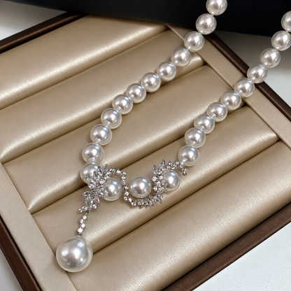 Aurora 10mm Akoya Pearl Crystal Floral Statement Necklace in Sterling Silver