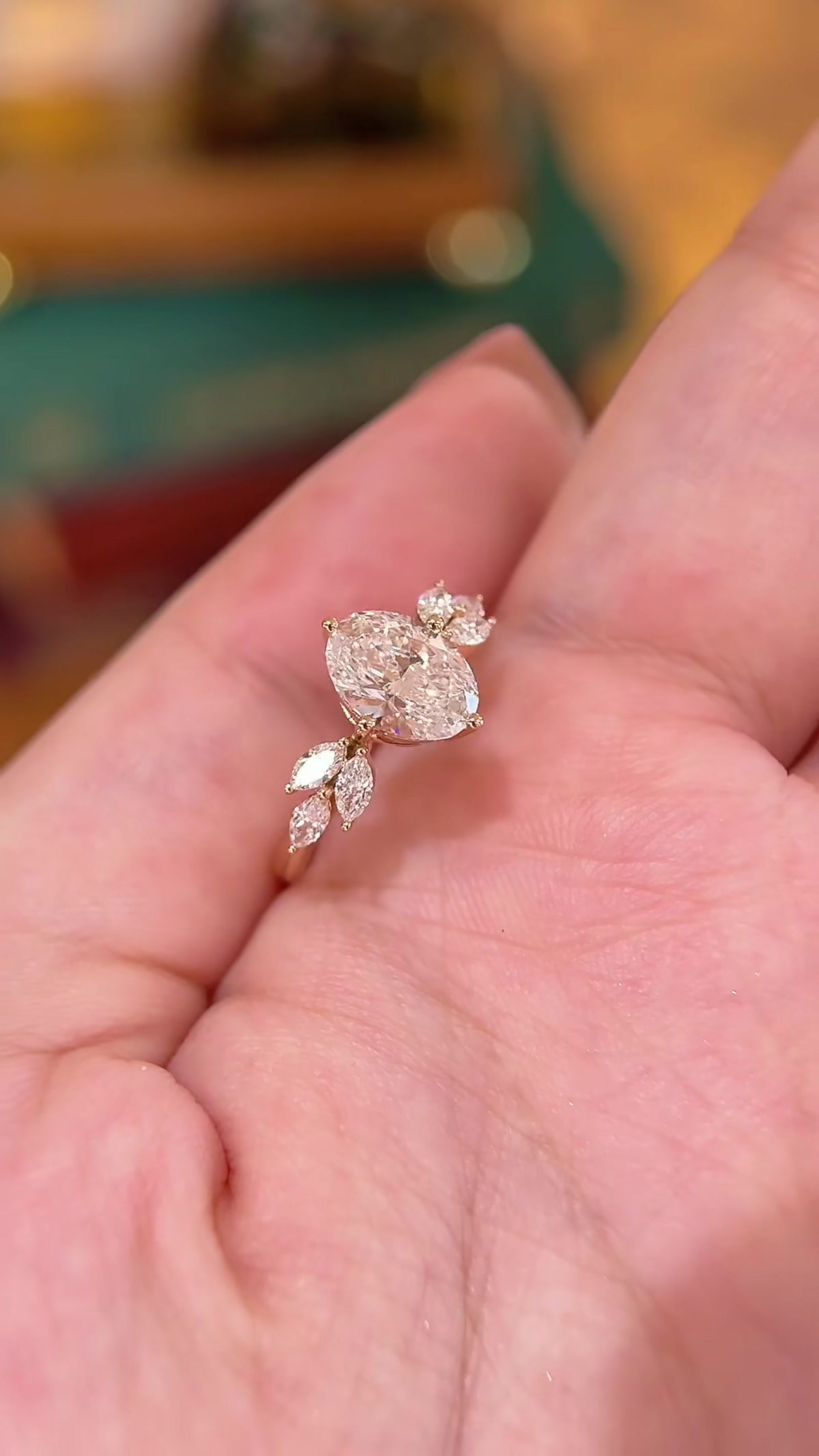 Front view of lab-grown diamond floral bridal engagement ring for romantic proposals