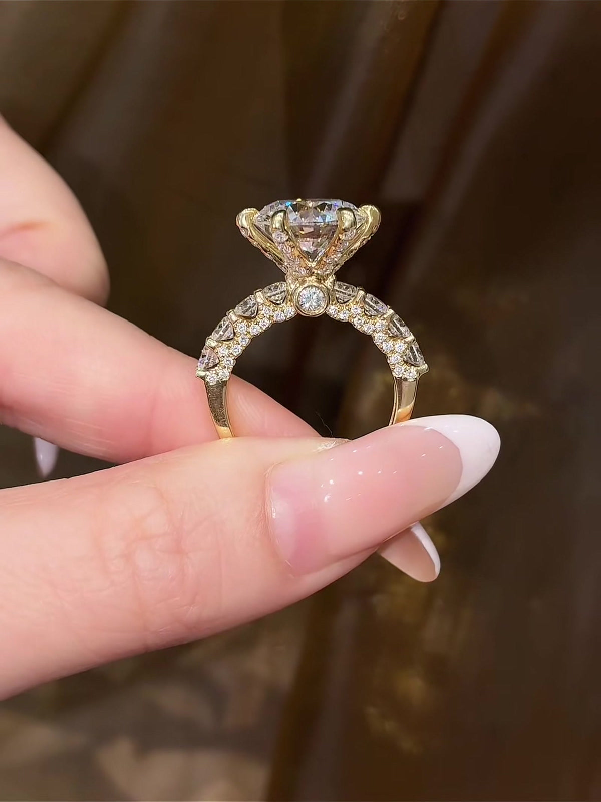 Front view of lab-grown diamond floral cluster statement ring for cocktail parties