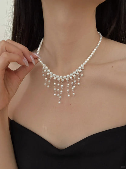 Front view of statement drop high-lustre freshwater pearl necklace for weddings