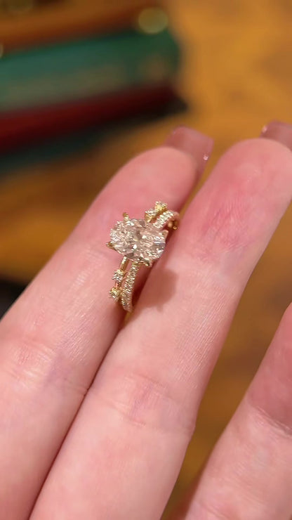 Styled view of lab-grown diamond bridal engagement ring set for wedding ceremonies