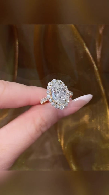 Close-up of lab-grown diamond sunflower halo engagement ring for garden proposals