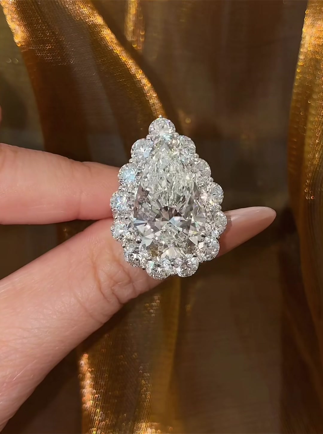 Front view of lab-grown pink diamond floral cocktail statement ring for gala evenings
