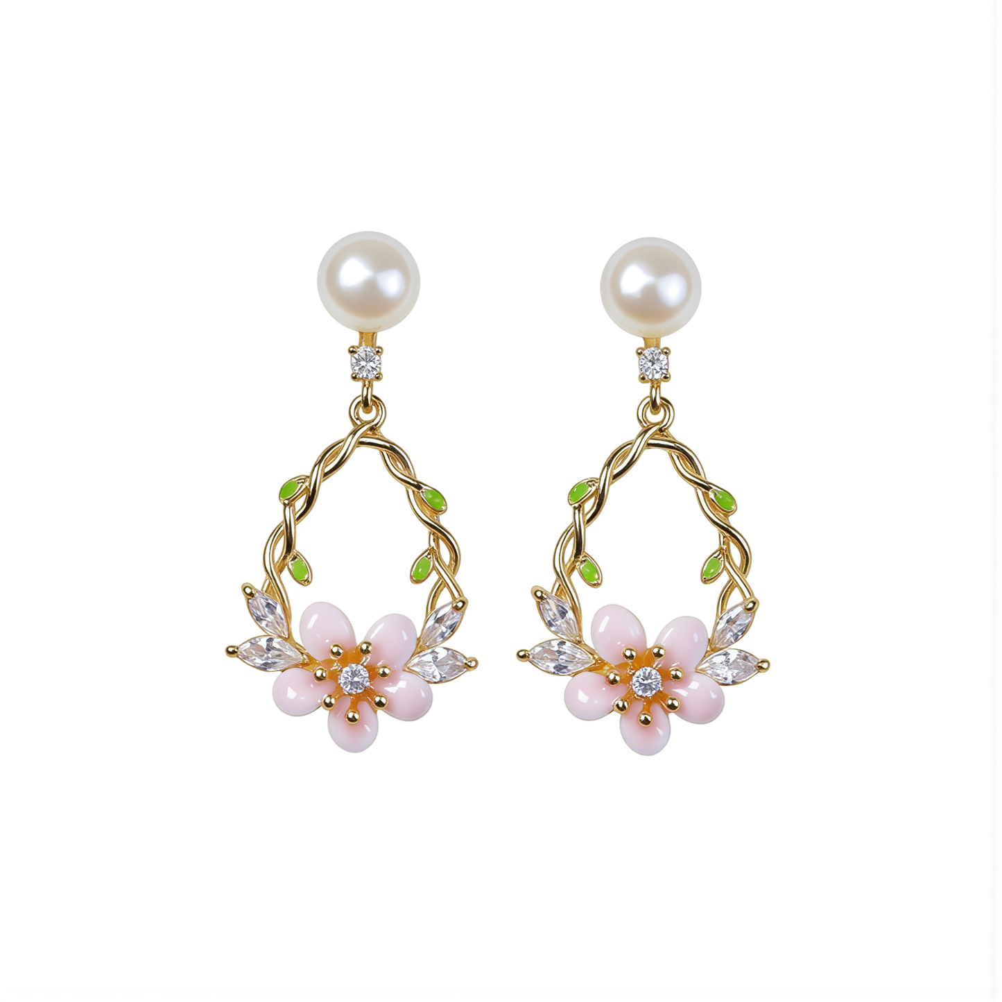 14K Gold CZ Floral Pearl Drop Earrings