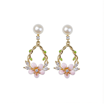 14K Gold CZ Floral Pearl Drop Earrings
