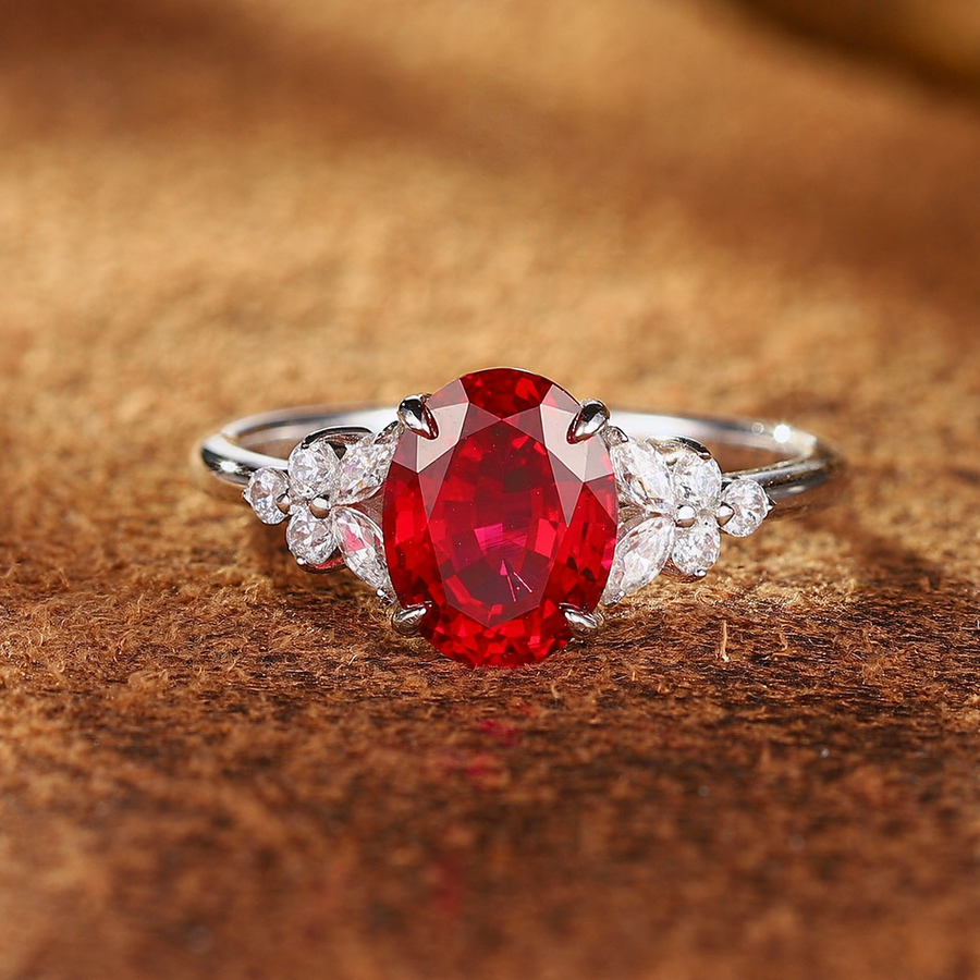 Front view of oval lab-grown ruby three-stone ring in 16K gold for engagement moments