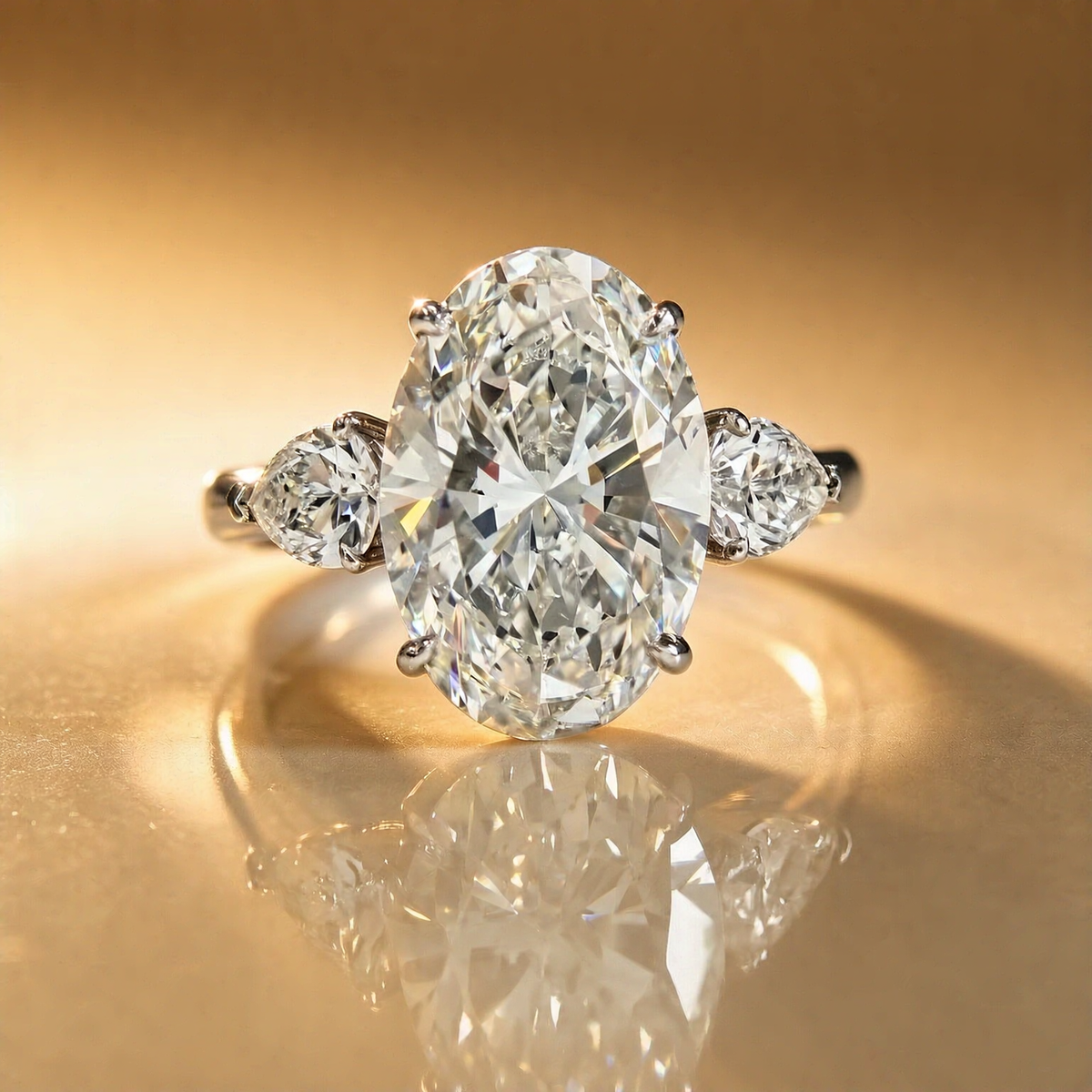 Front view of oval lab-grown diamond three-stone engagement ring for engagement proposals