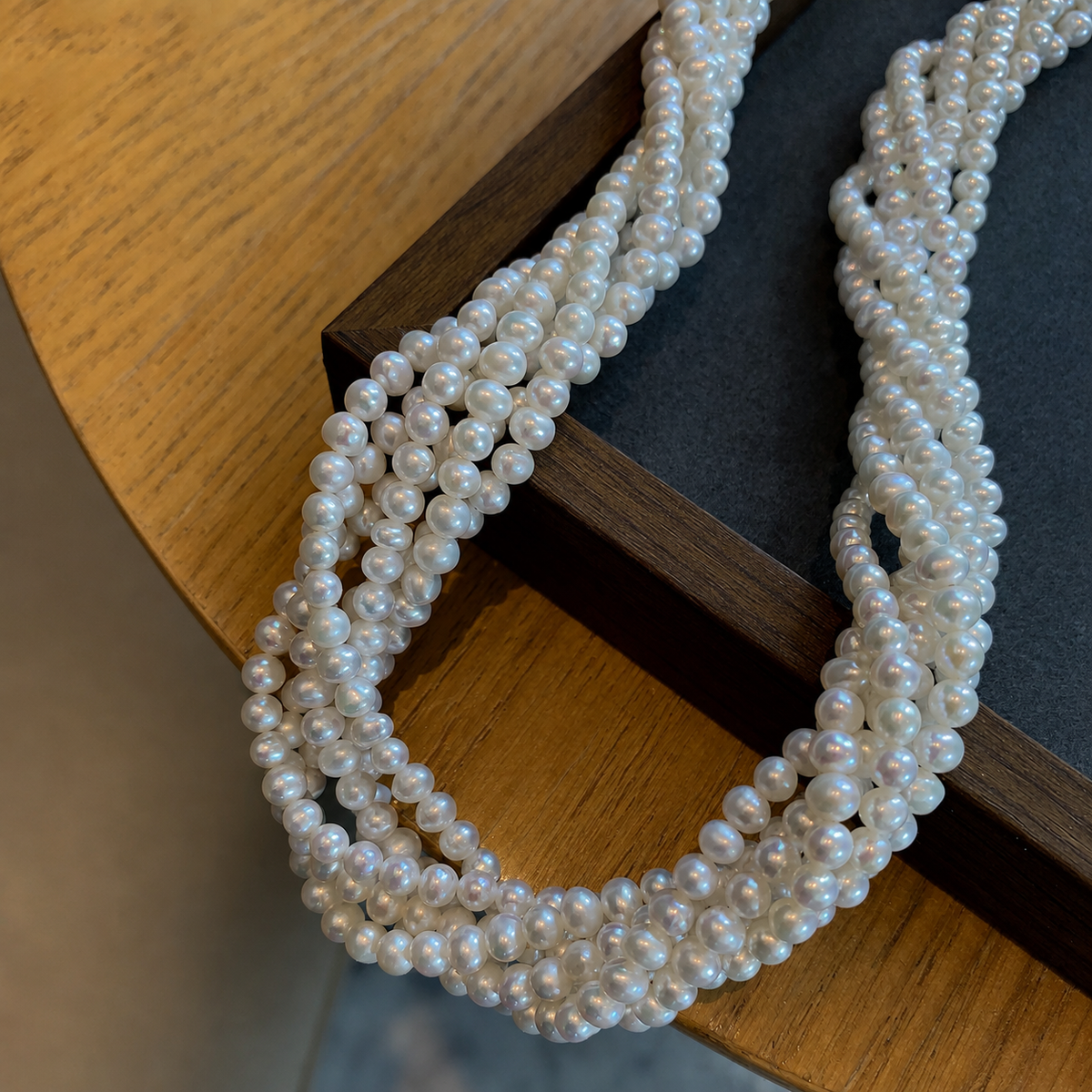 Detailed view of the layered freshwater pearl choker