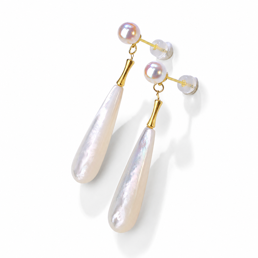 Lunara 5cm baroque Akoya pearl drop earrings in 18K gold on a white background