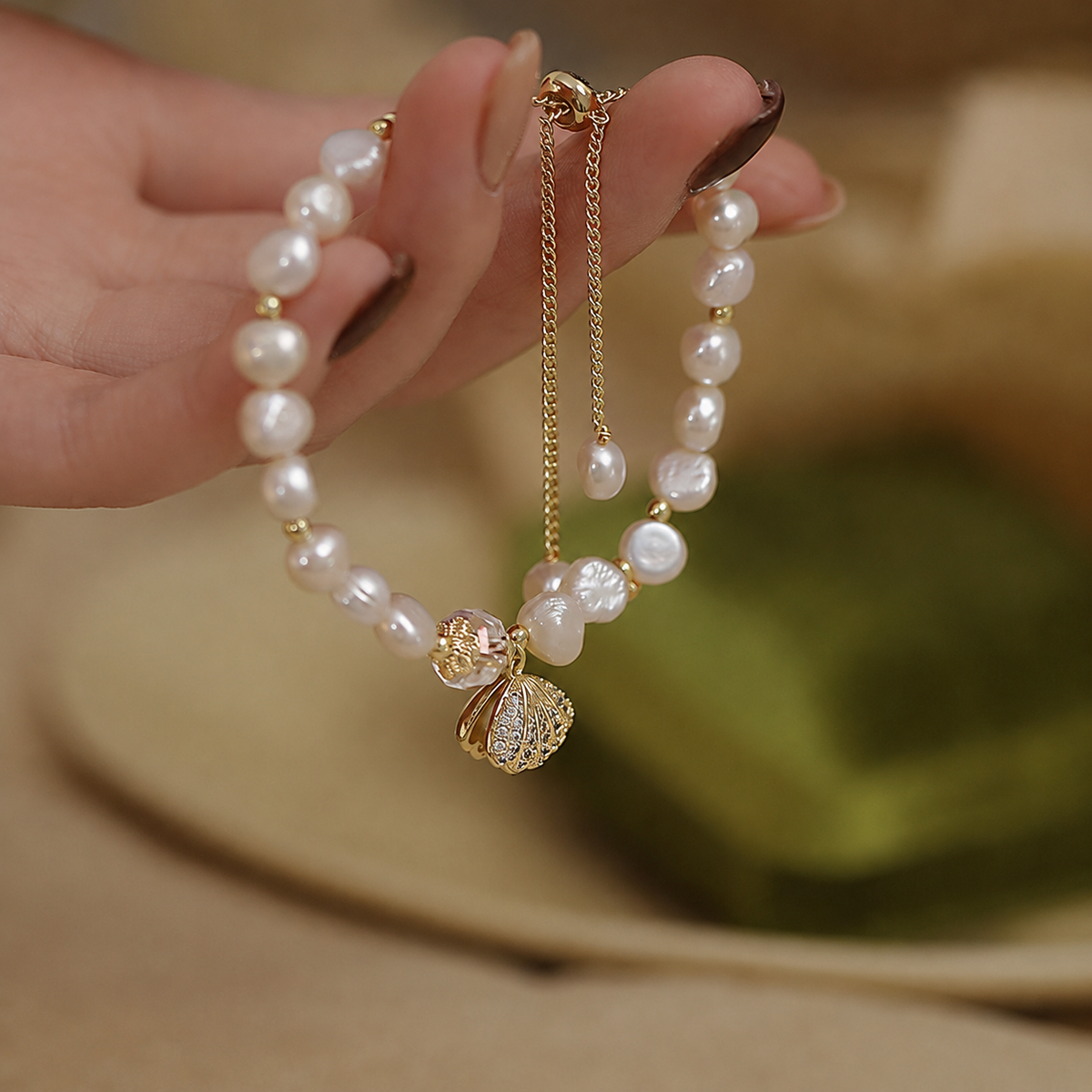 Adjustable gold-tone chain and freshwater pearl bracelet held in the hand