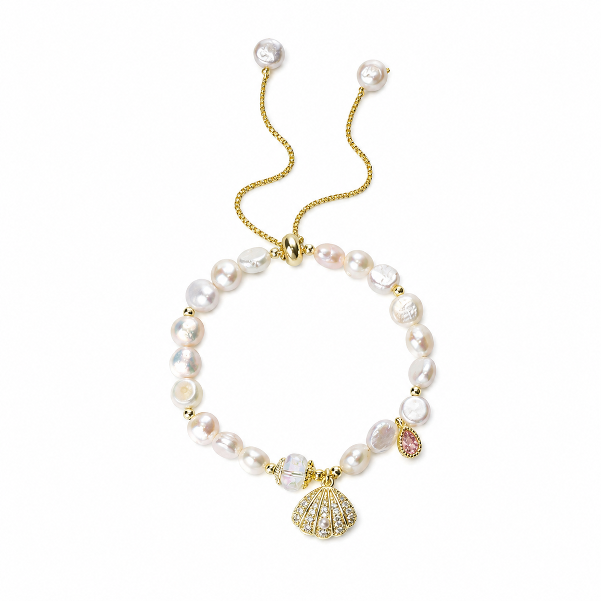Maris 6–7mm freshwater pearl shell charm bracelet on a white background