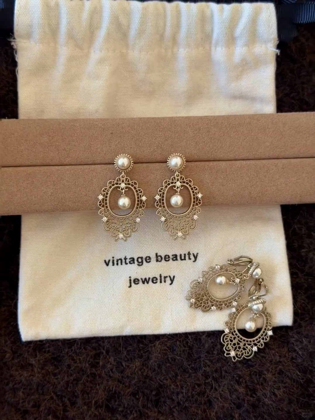 Front view of lace drop high-lustre freshwater pearl earrings for wedding guest looks