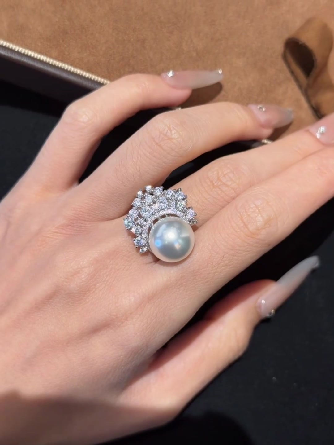 Front view of Akoya pearl statement cocktail ring for anniversary dinners