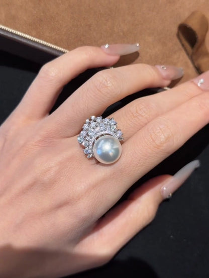 Front view of Akoya pearl statement cocktail ring for anniversary dinners