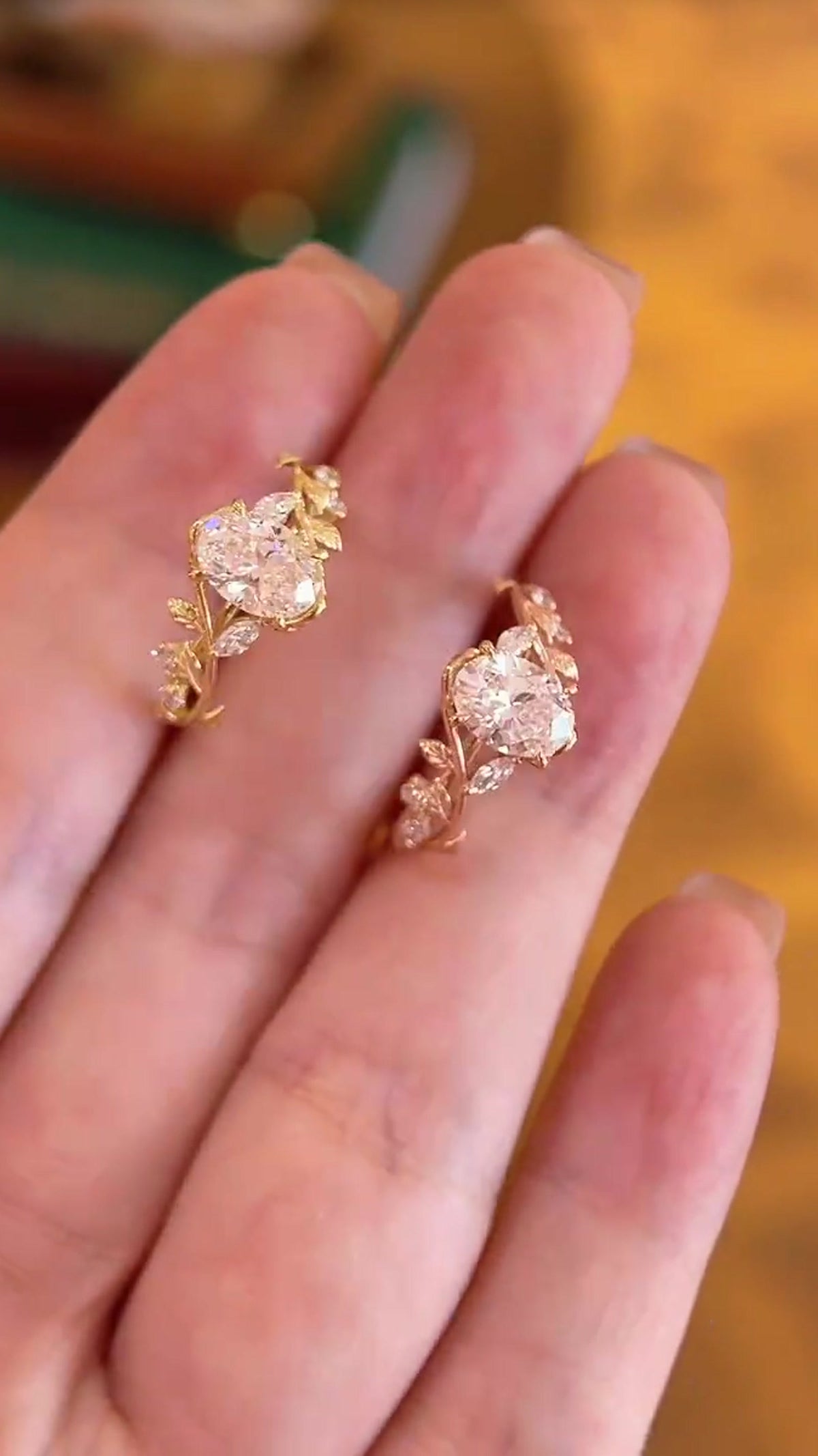 Close-up of lab-grown diamond vine engagement ring for nature-inspired proposals