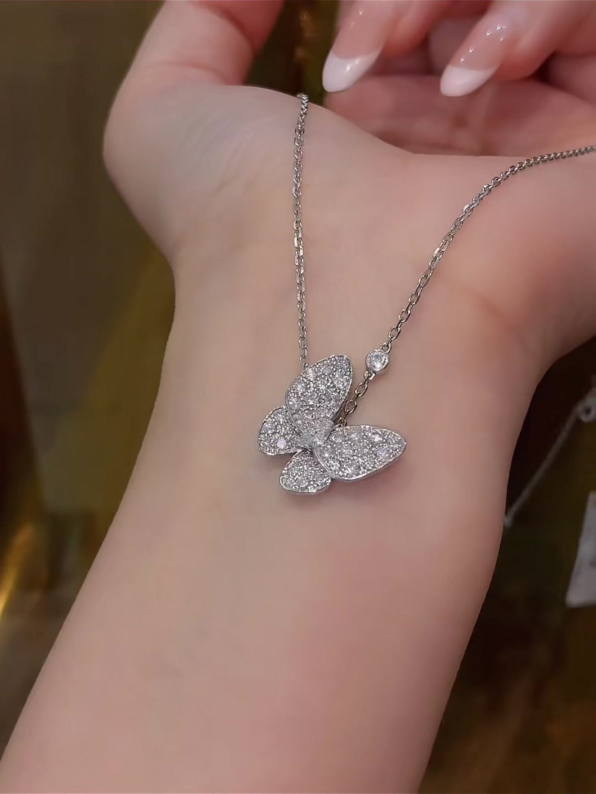 Front view of lab-grown diamond butterfly pendant necklace for birthday gifts