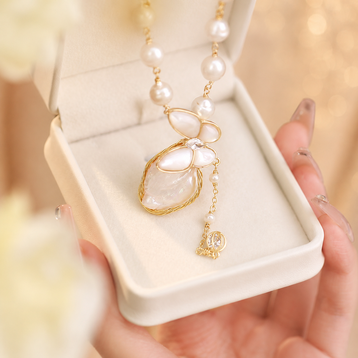 Mother-of-pearl butterfly and organic pearl pendant displayed in a gift box