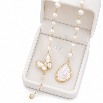 Papillon freshwater pearl and mother-of-pearl butterfly necklace in a jewellery box